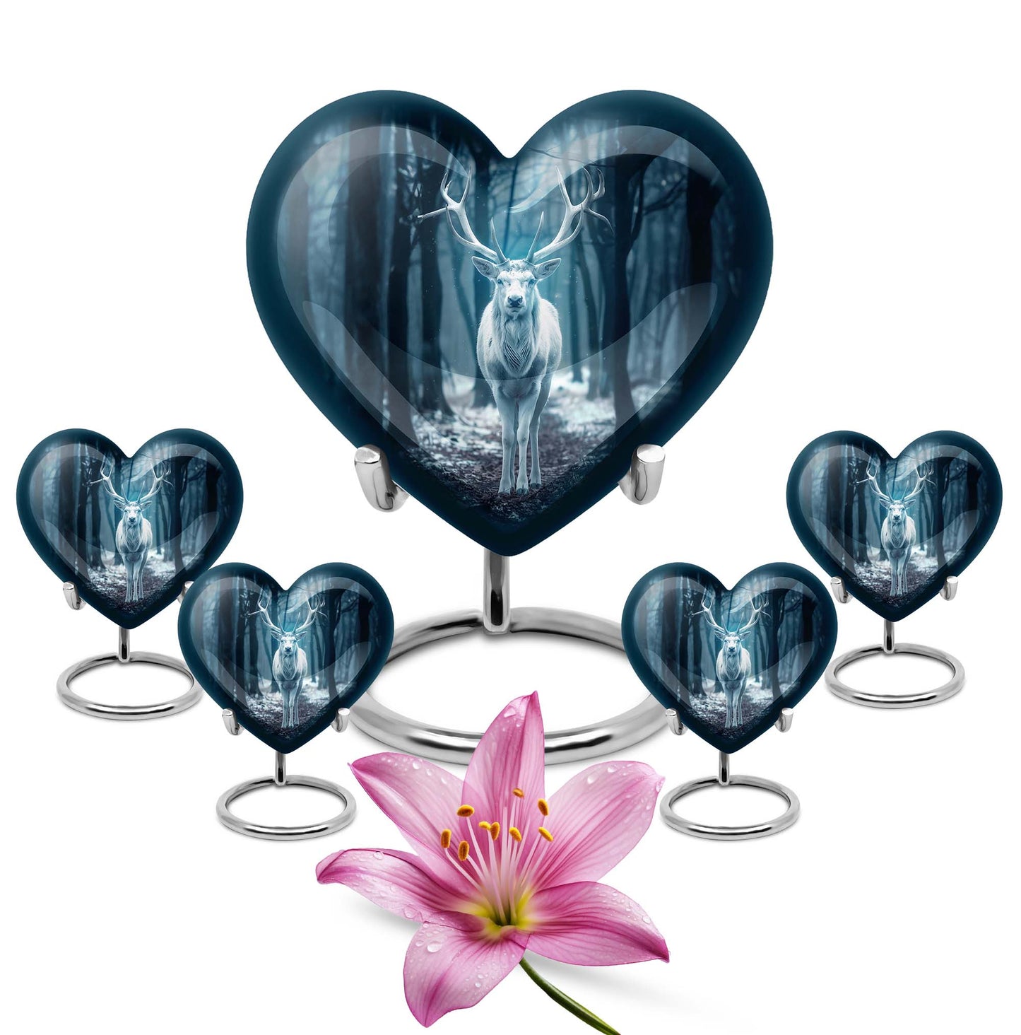Heart-shaped deer urn for ashes, aluminium funeral urn with wolf howling design