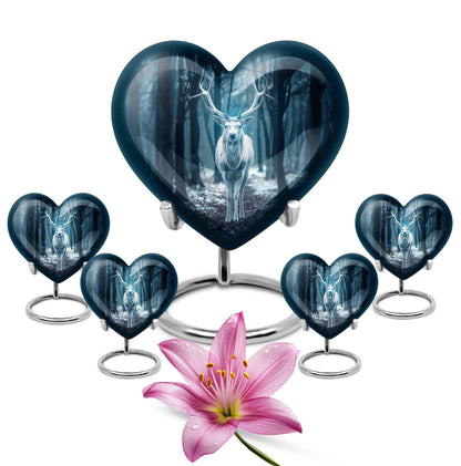 Heart-shaped deer urn for ashes, aluminium funeral urn with wolf howling design