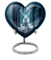 Heart-shaped deer urn for ashes, aluminium funeral urn with wolf howling design