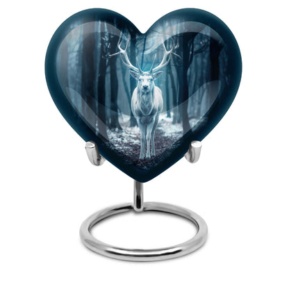 Heart-shaped deer urn for ashes, aluminium funeral urn with wolf howling design