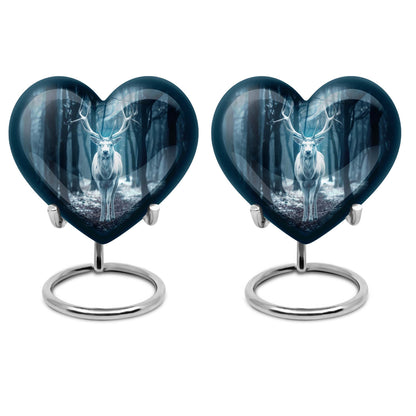 Heart-shaped deer urn for ashes, aluminium funeral urn with wolf howling design