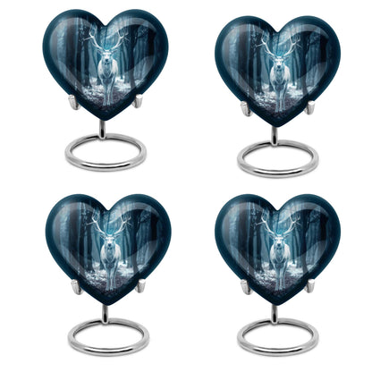 Heart-shaped deer urn for ashes, aluminium funeral urn with wolf howling design