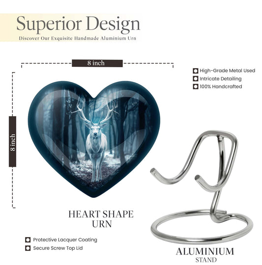 Heart-shaped deer urn for ashes, aluminium funeral urn with wolf howling design