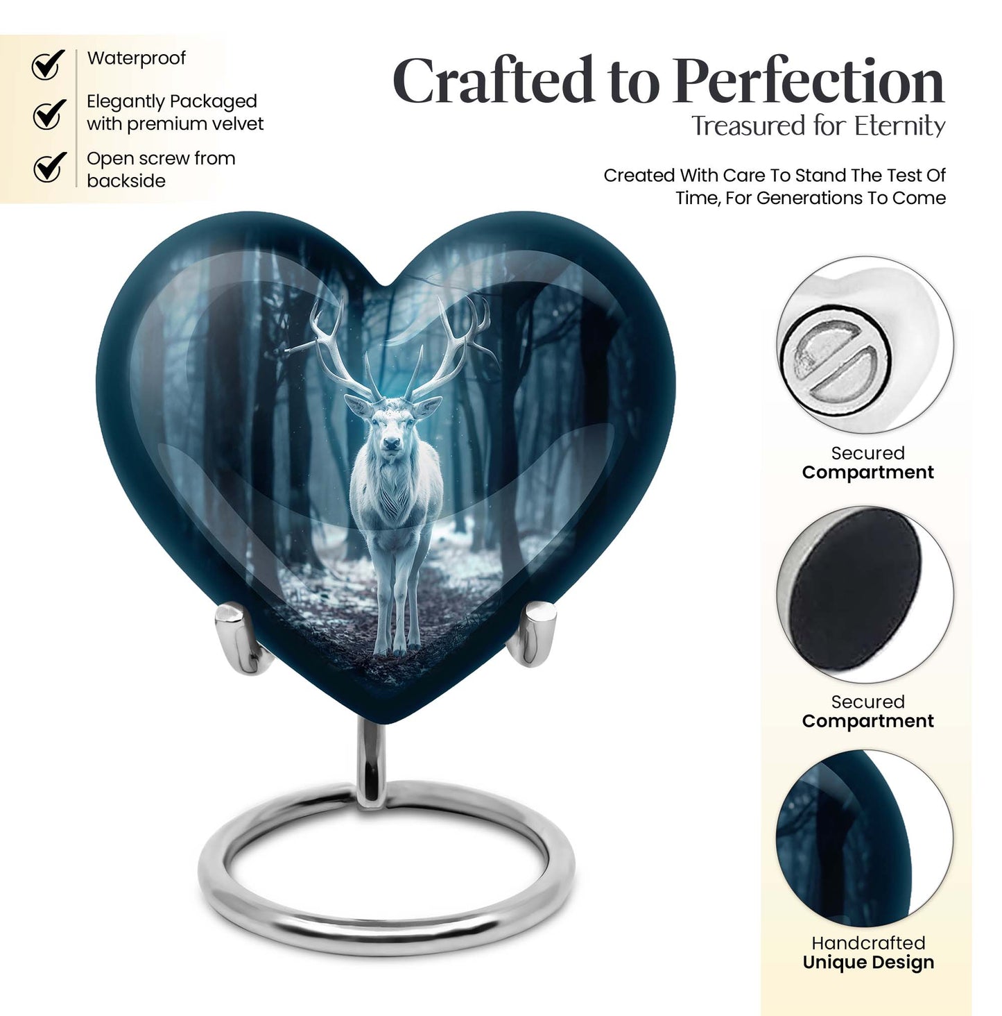 Heart-shaped deer urn for ashes, aluminium funeral urn with wolf howling design