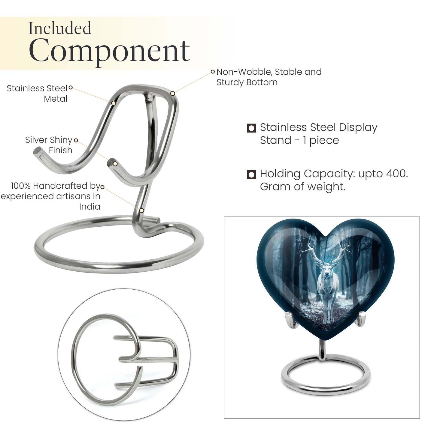 Heart-shaped deer urn for ashes, aluminium funeral urn with wolf howling design