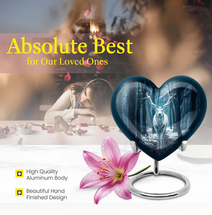 Heart-shaped deer urn for ashes, aluminium funeral urn with wolf howling design