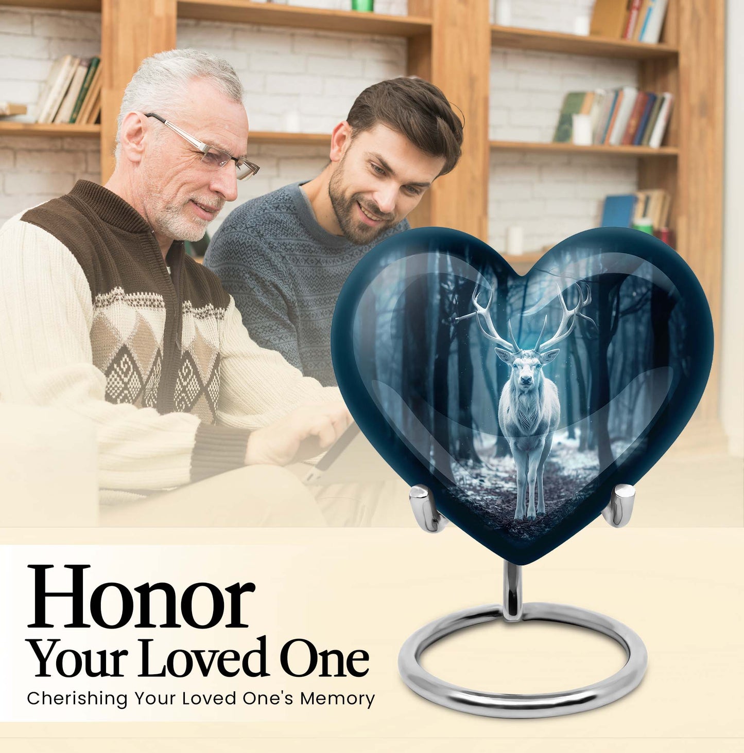 Heart-shaped deer urn for ashes, aluminium funeral urn with wolf howling design