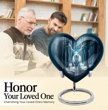Heart-shaped deer urn for ashes, aluminium funeral urn with wolf howling design