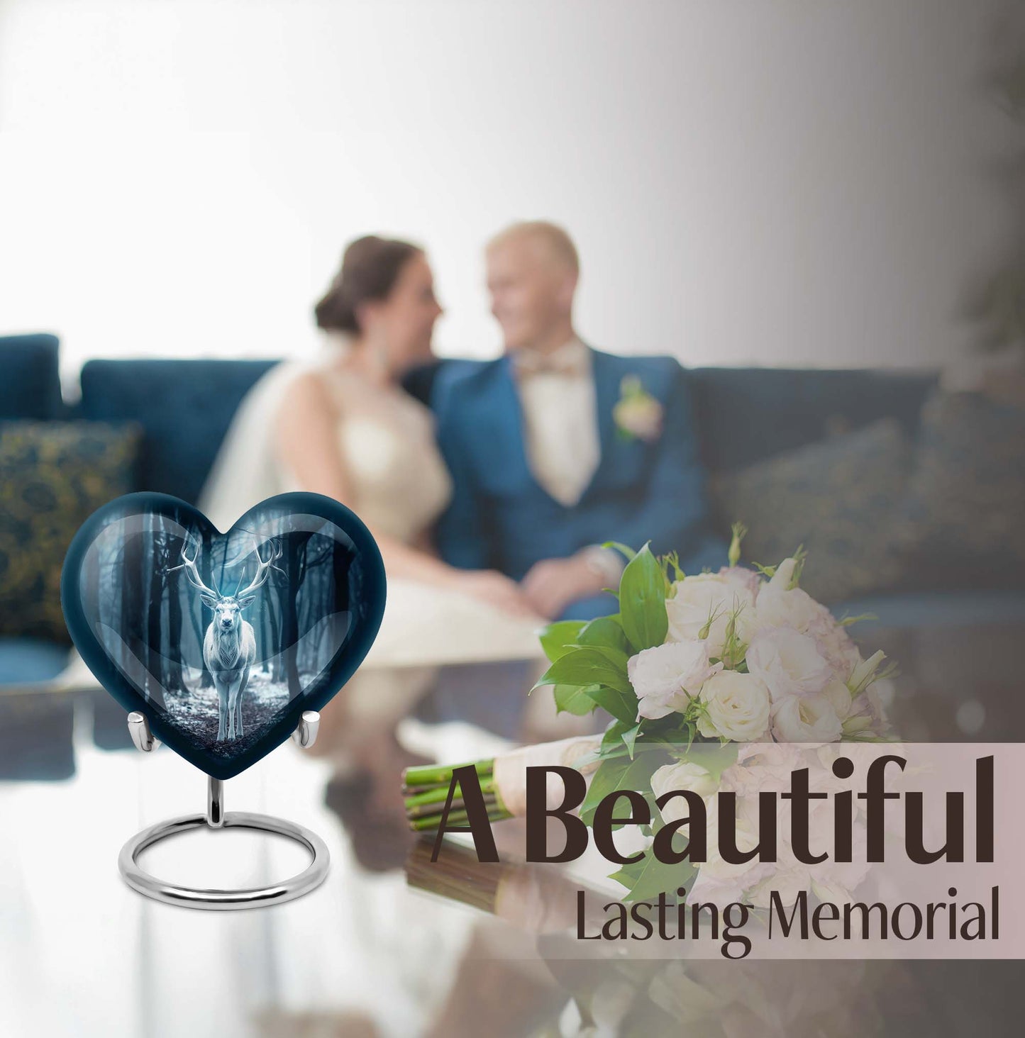Heart-shaped deer urn for ashes, aluminium funeral urn with wolf howling design
