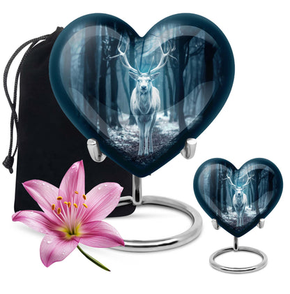Heart-shaped deer urn for ashes, aluminium funeral urn with wolf howling design