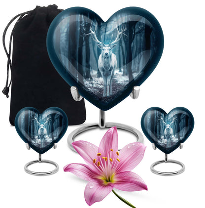 Heart-shaped deer urn for ashes, aluminium funeral urn with wolf howling design