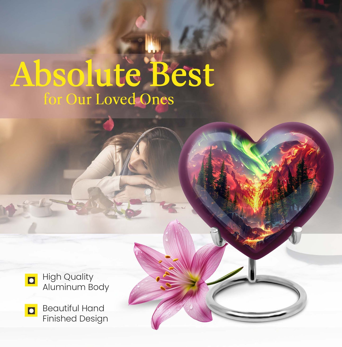10-inch heart-shaped deer urn, wolf howling theme for adult human ashes memorial with engraving option