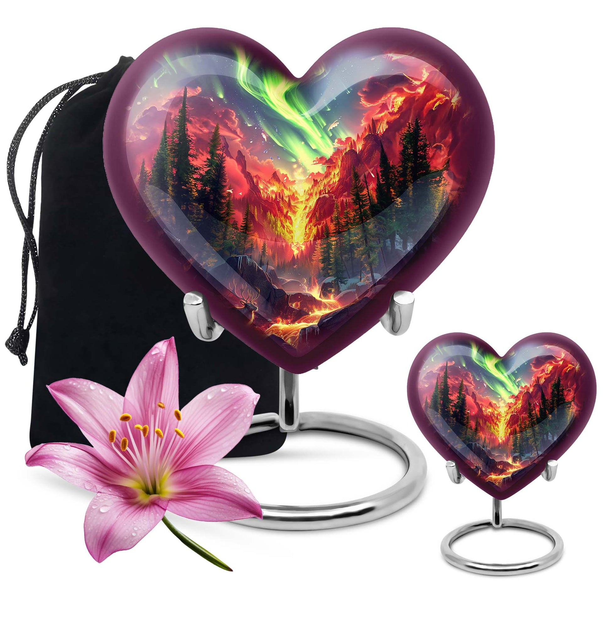 10-inch heart-shaped deer urn, wolf howling theme for adult human ashes memorial with engraving option