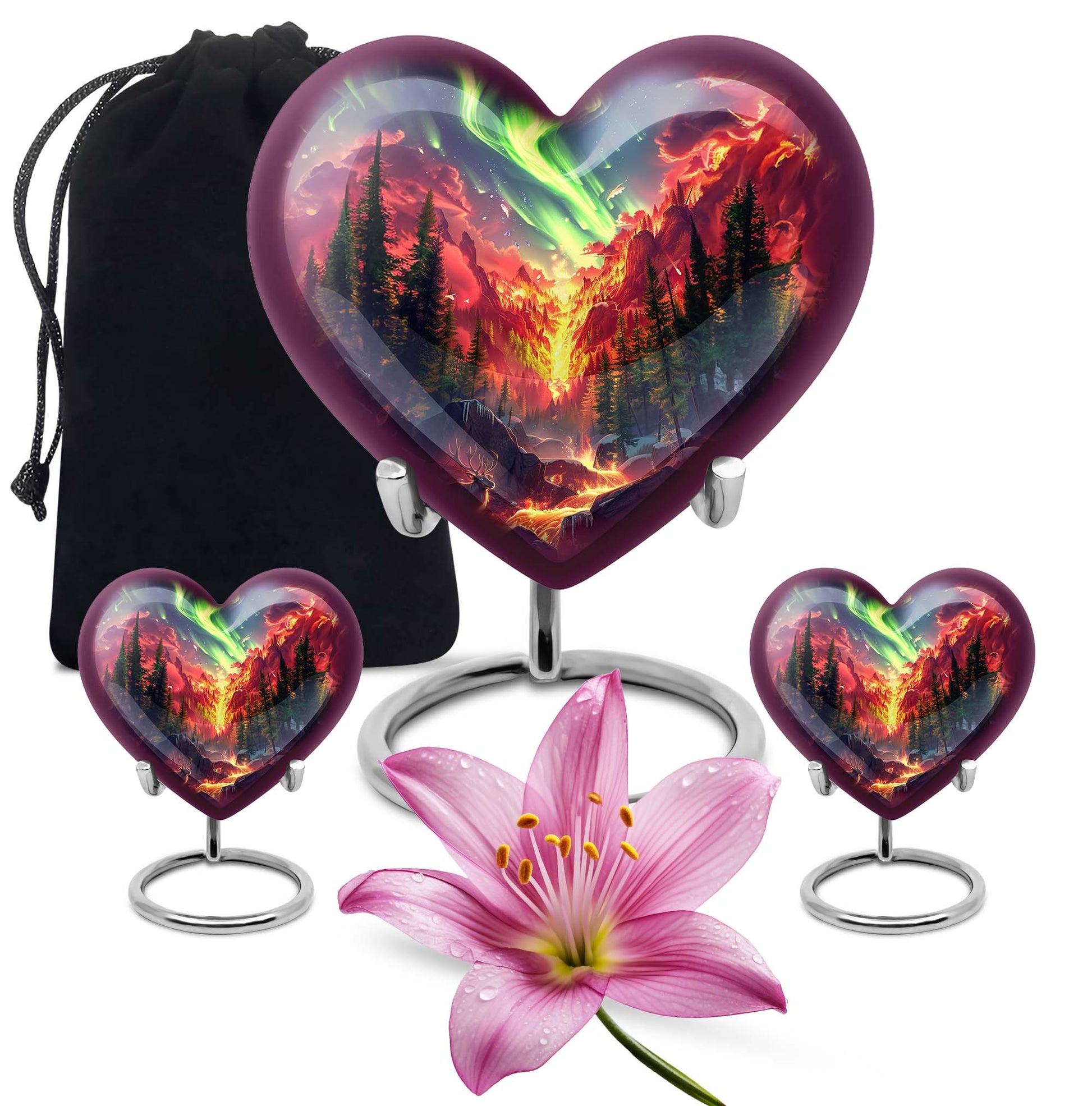 10-inch heart-shaped deer urn, wolf howling theme for adult human ashes memorial with engraving option