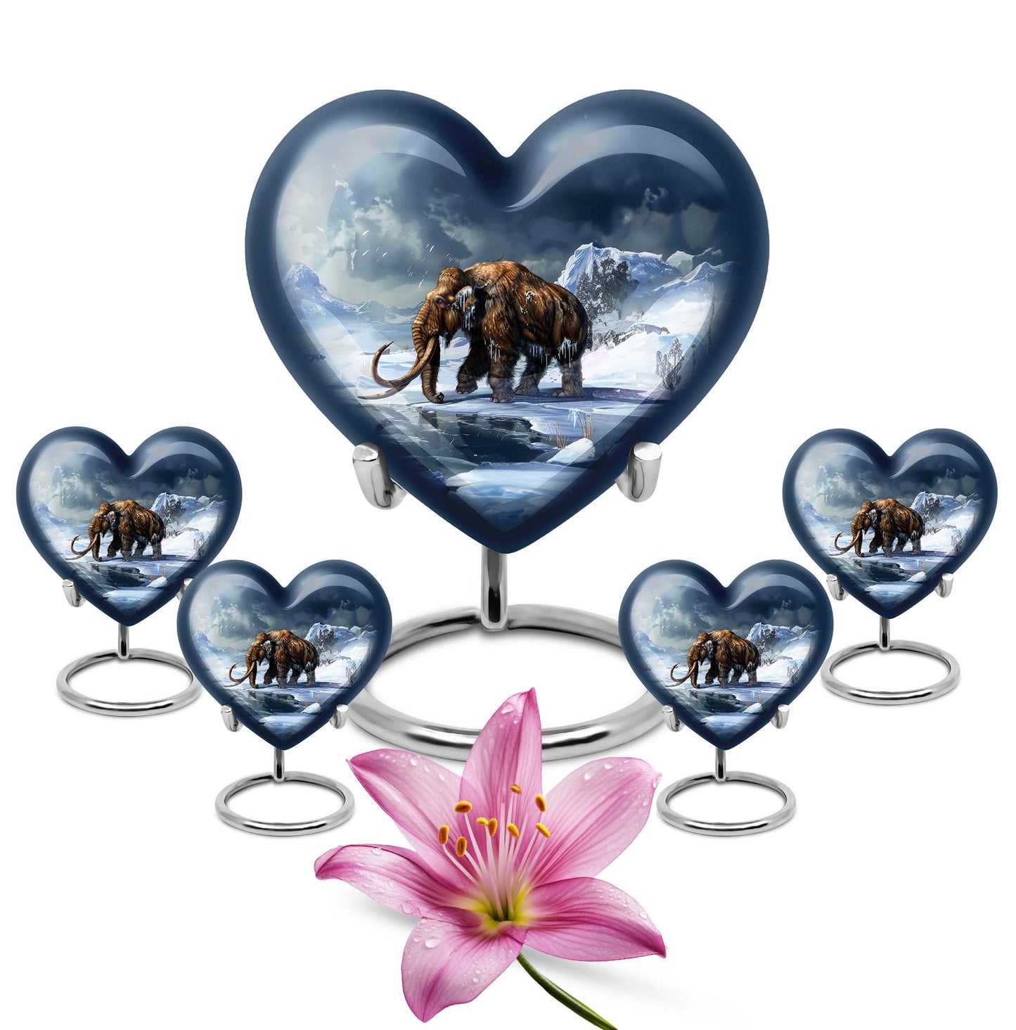 10-inch heart-shaped Mammoth Urn, an aluminium funeral ash urn with flower design
