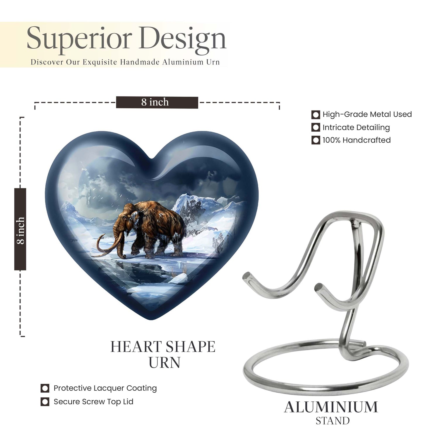 10-inch heart-shaped Mammoth Urn, an aluminium funeral ash urn with flower design