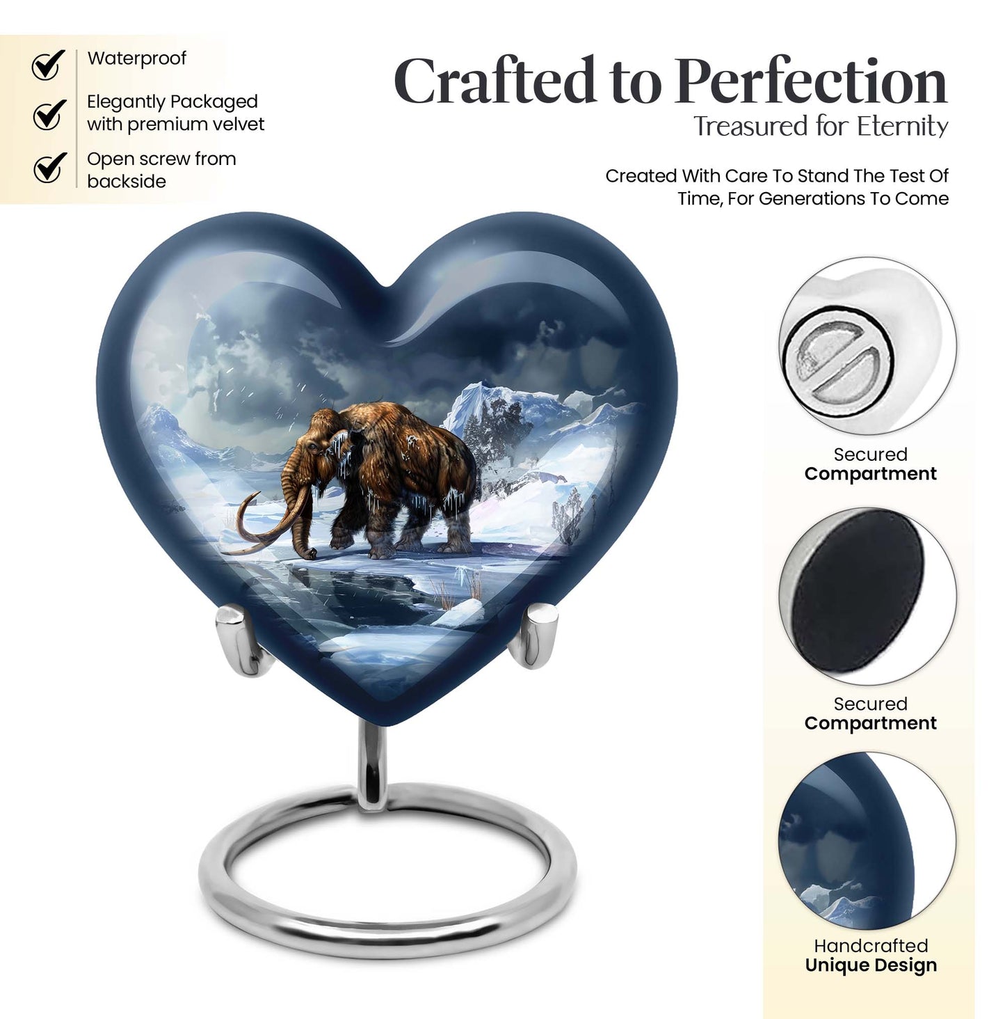 10-inch heart-shaped Mammoth Urn, an aluminium funeral ash urn with flower design