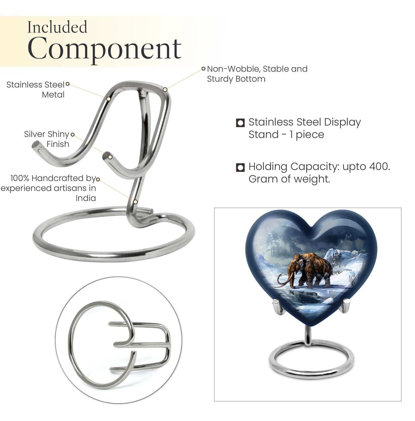 10-inch heart-shaped Mammoth Urn, an aluminium funeral ash urn with flower design