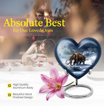 10-inch heart-shaped Mammoth Urn, an aluminium funeral ash urn with flower design