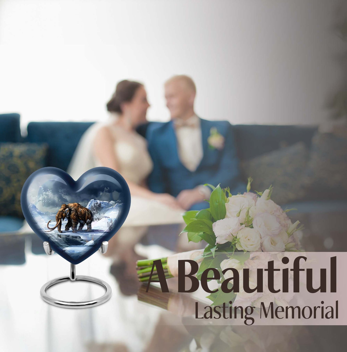 10-inch heart-shaped Mammoth Urn, an aluminium funeral ash urn with flower design