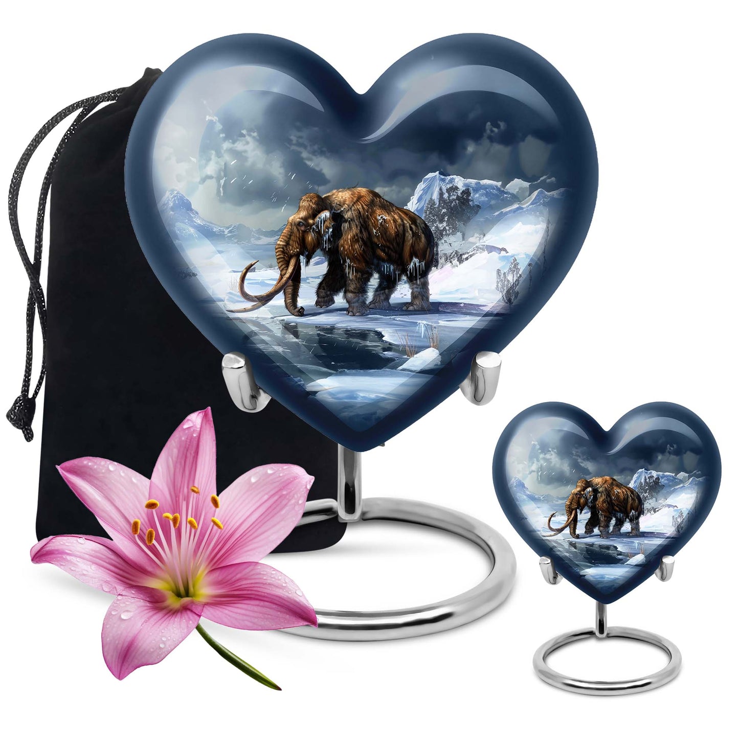 10-inch heart-shaped Mammoth Urn, an aluminium funeral ash urn with flower design