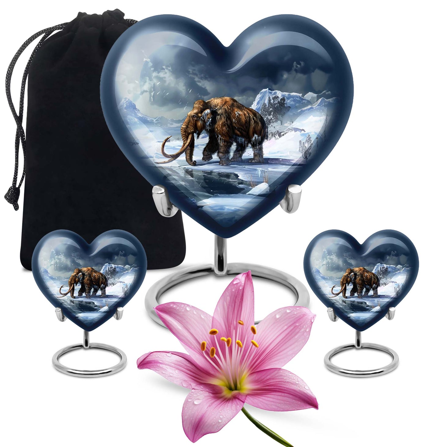 10-inch heart-shaped Mammoth Urn, an aluminium funeral ash urn with flower design
