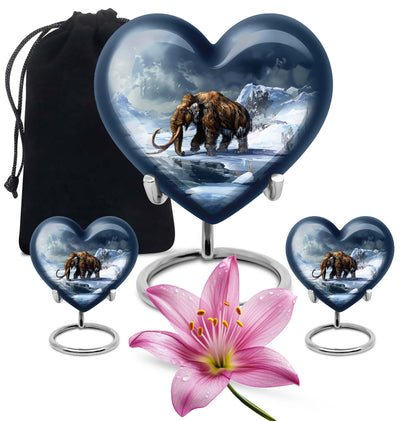 10-inch heart-shaped Mammoth Urn, an aluminium funeral ash urn with flower design