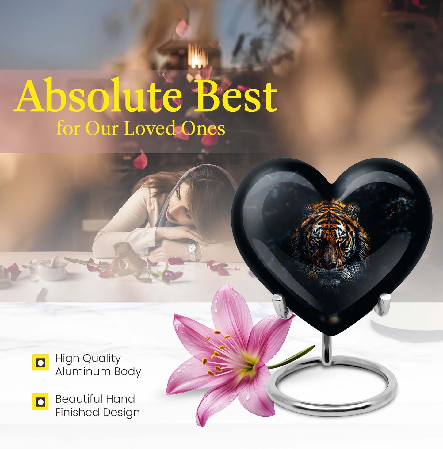  heart-shaped tiger urn with floral theme for cremation