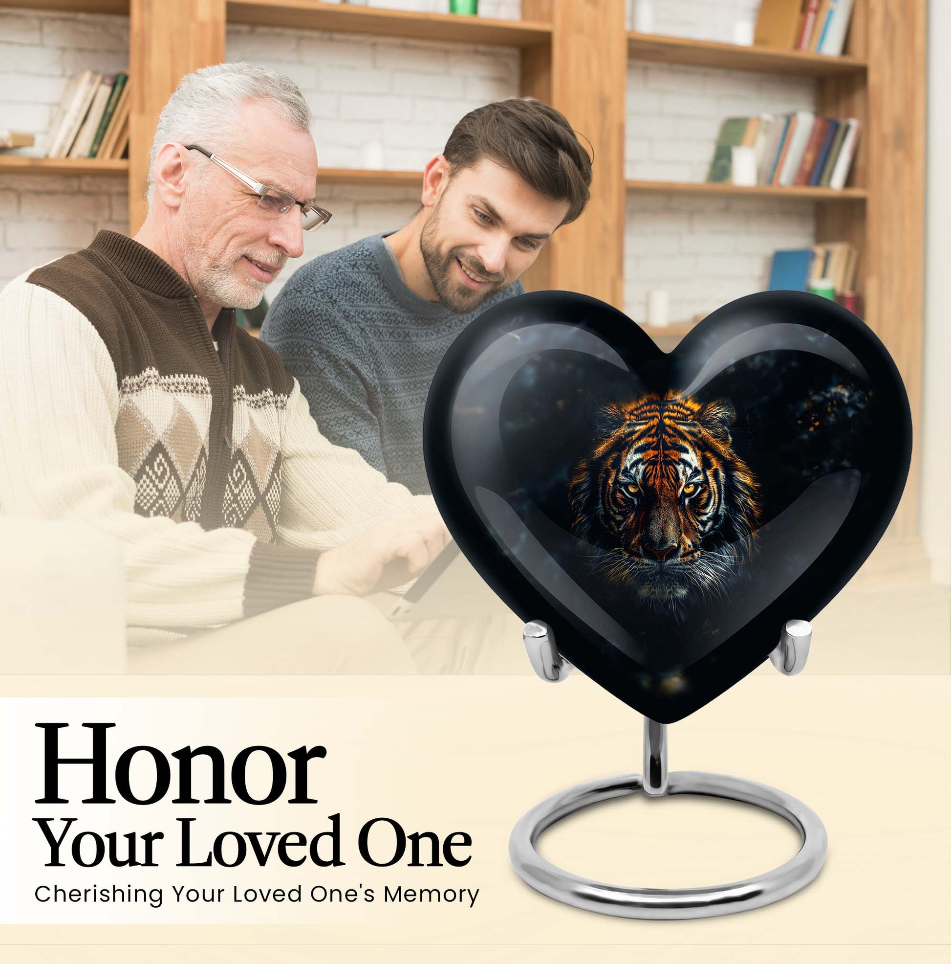  heart-shaped tiger urn with floral theme for cremation
