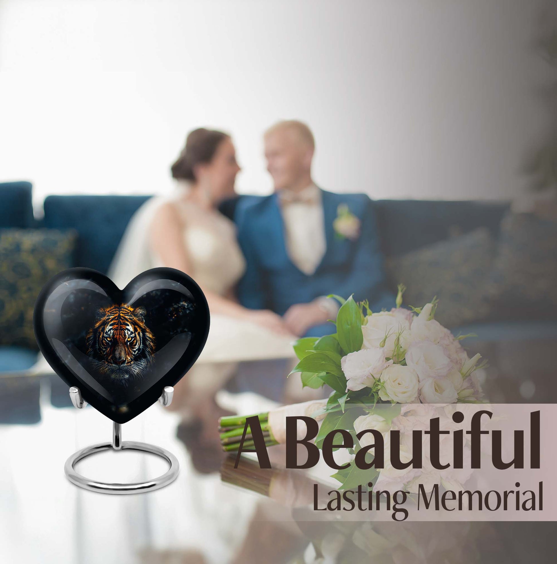 heart-shaped tiger urn with floral theme for cremation