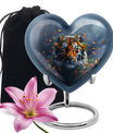 Tiger themed heart-shaped memorial urn for ashes, aluminium, with floral designs and personalizable engraving