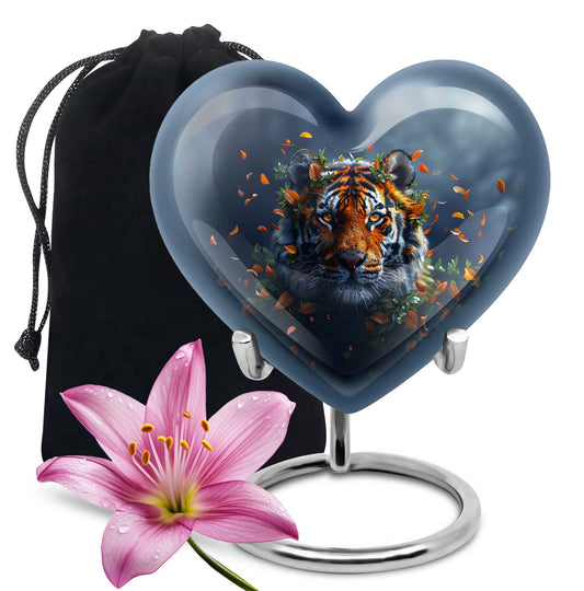 Tiger themed heart-shaped memorial urn for ashes, aluminium, with floral designs and personalizable engraving