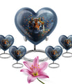 Tiger themed heart-shaped memorial urn for ashes, aluminium, with floral designs and personalizable engraving