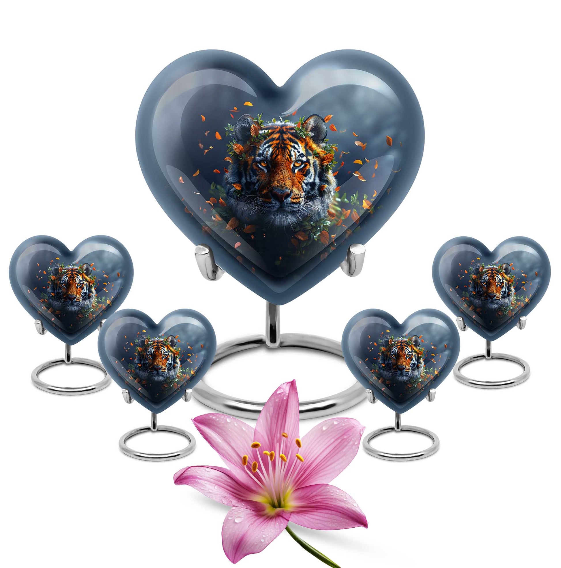 Tiger themed heart-shaped memorial urn for ashes, aluminium, with floral designs and personalizable engraving