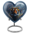 Tiger themed heart-shaped memorial urn for ashes, aluminium, with floral designs and personalizable engraving
