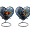 Tiger themed heart-shaped memorial urn for ashes, aluminium, with floral designs and personalizable engraving