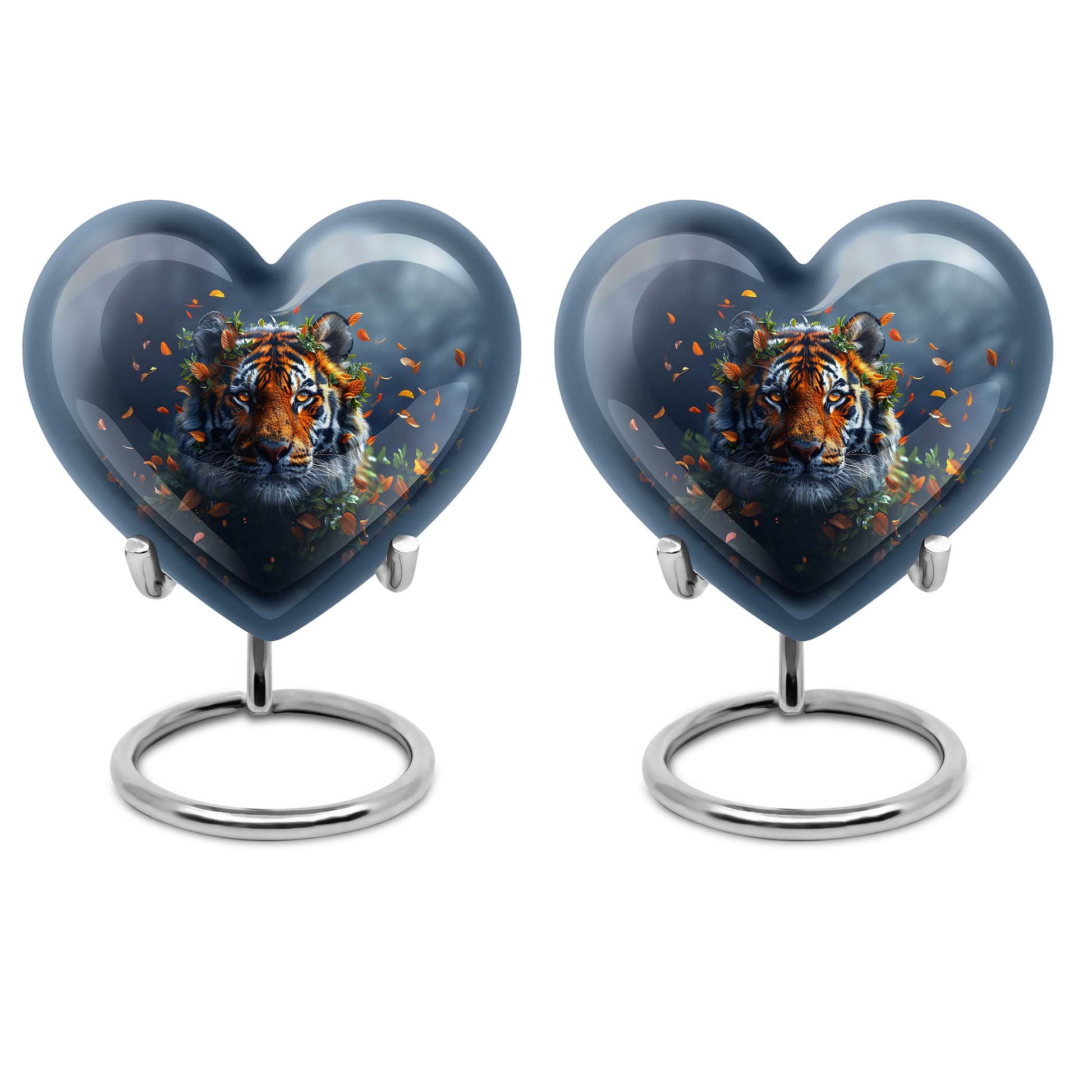 Tiger themed heart-shaped memorial urn for ashes, aluminium, with floral designs and personalizable engraving