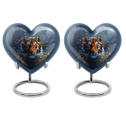 Tiger themed heart-shaped memorial urn for ashes, aluminium, with floral designs and personalizable engraving