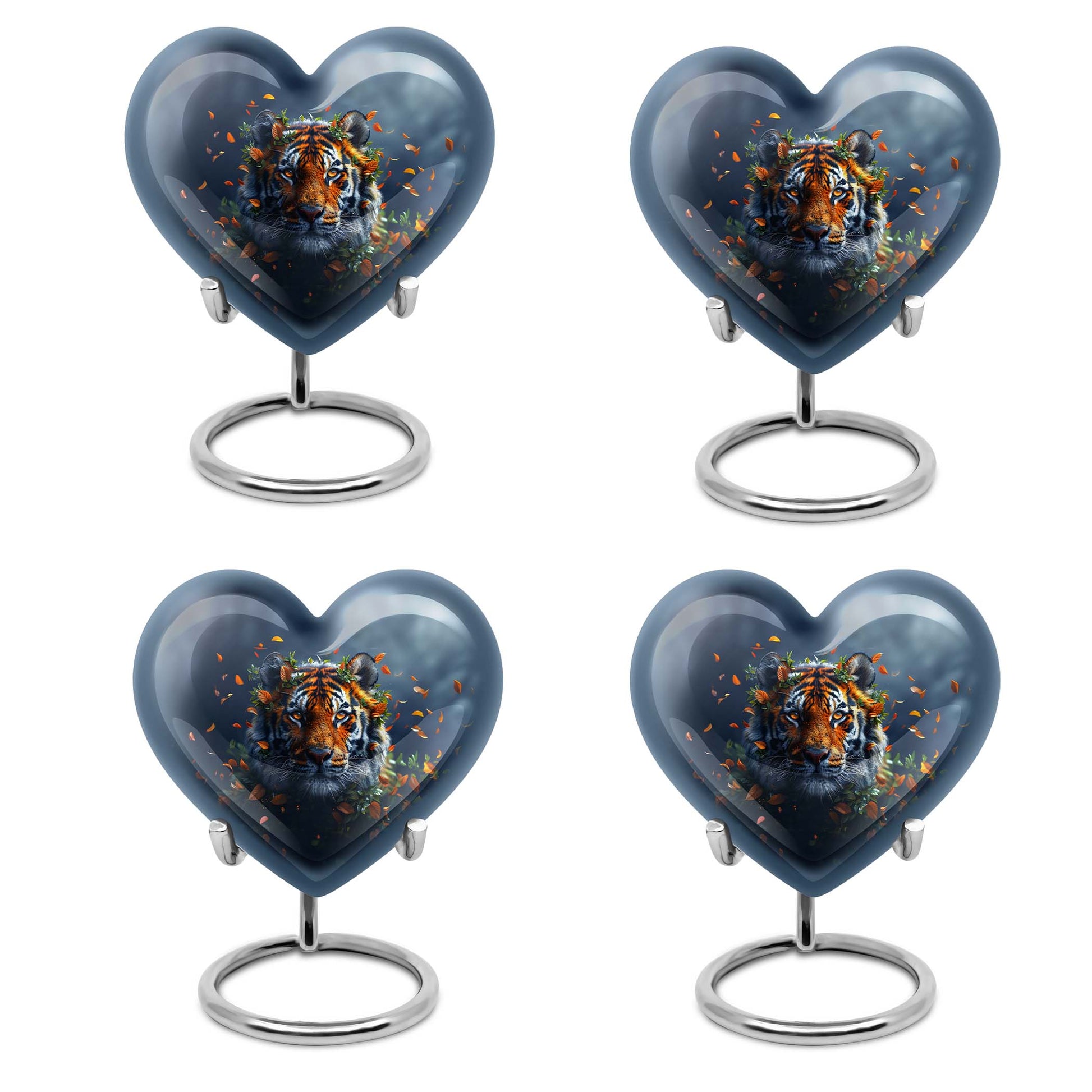 Tiger themed heart-shaped memorial urn for ashes, aluminium, with floral designs and personalizable engraving