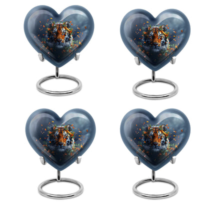 Tiger themed heart-shaped memorial urn for ashes, aluminium, with floral designs and personalizable engraving