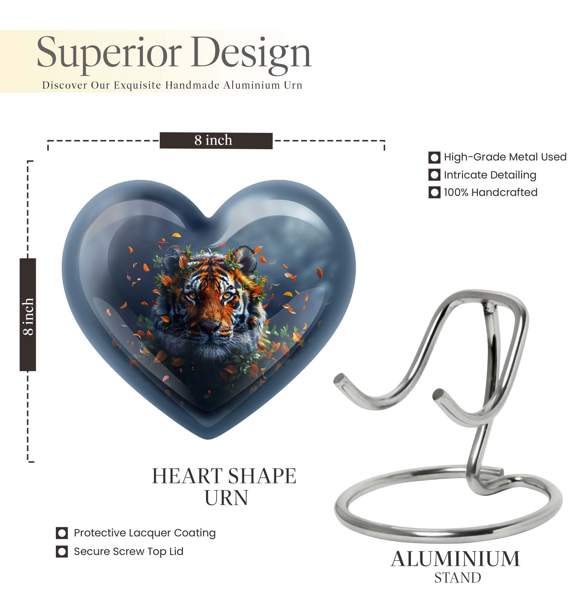 Tiger themed heart-shaped memorial urn for ashes, aluminium, with floral designs and personalizable engraving