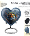 Tiger themed heart-shaped memorial urn for ashes, aluminium, with floral designs and personalizable engraving