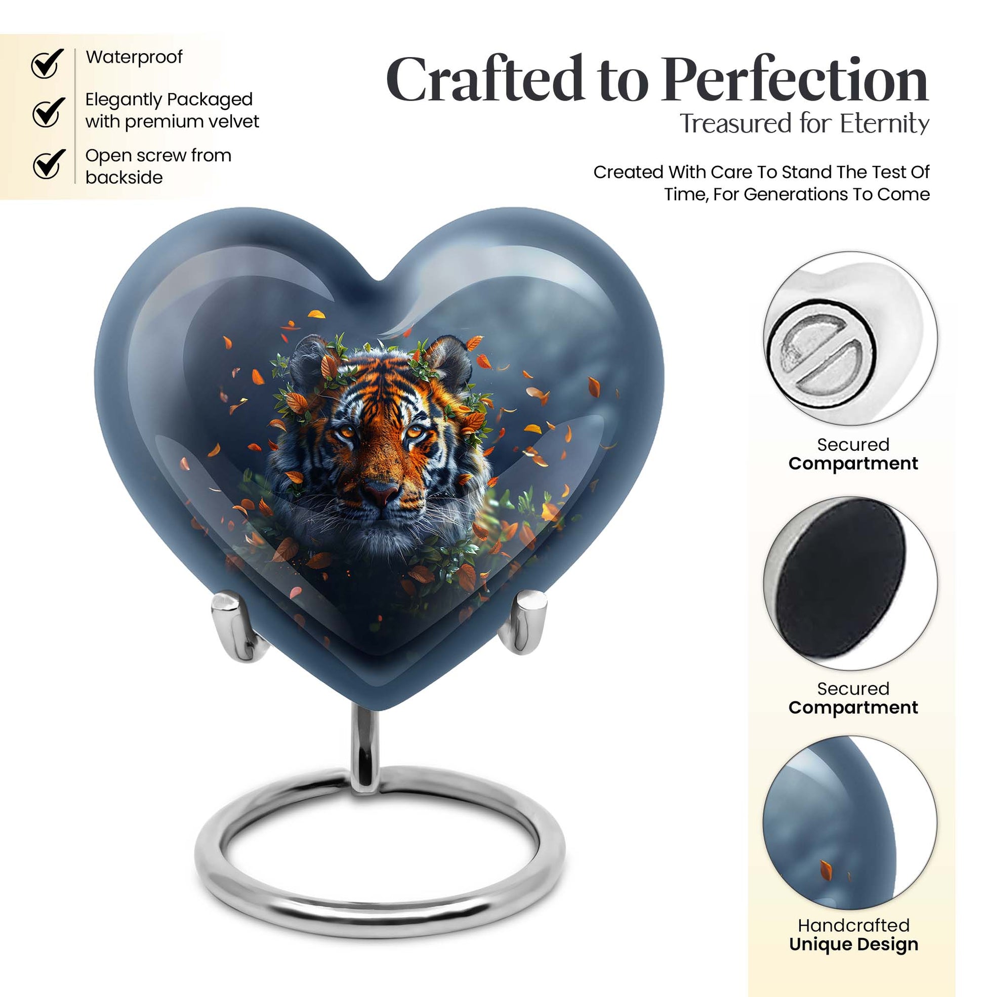 Tiger themed heart-shaped memorial urn for ashes, aluminium, with floral designs and personalizable engraving