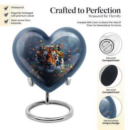 Tiger themed heart-shaped memorial urn for ashes, aluminium, with floral designs and personalizable engraving
