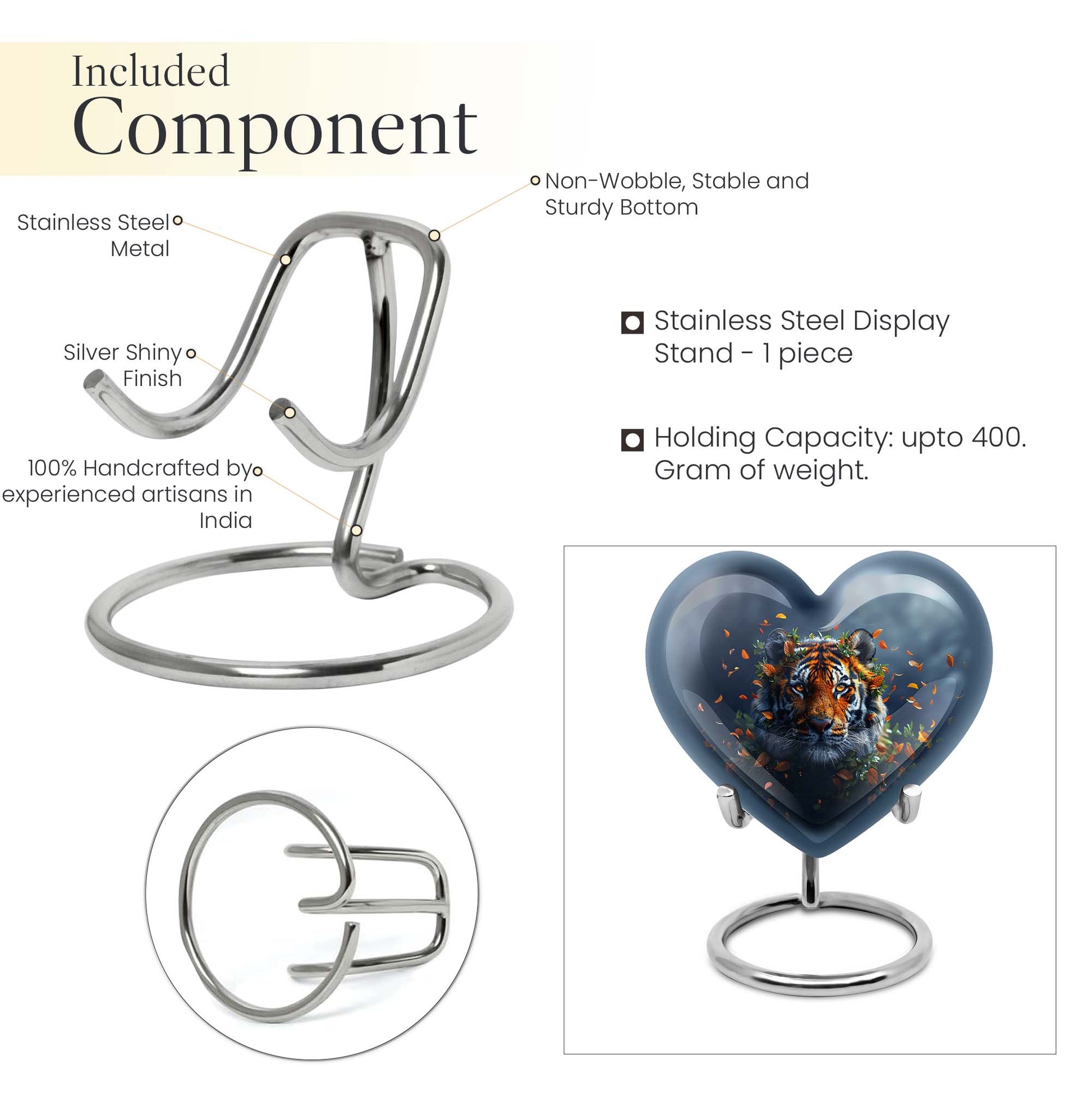 Tiger themed heart-shaped memorial urn for ashes, aluminium, with floral designs and personalizable engraving