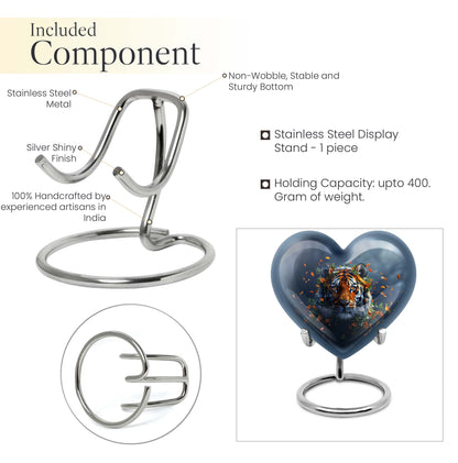 Tiger themed heart-shaped memorial urn for ashes, aluminium, with floral designs and personalizable engraving