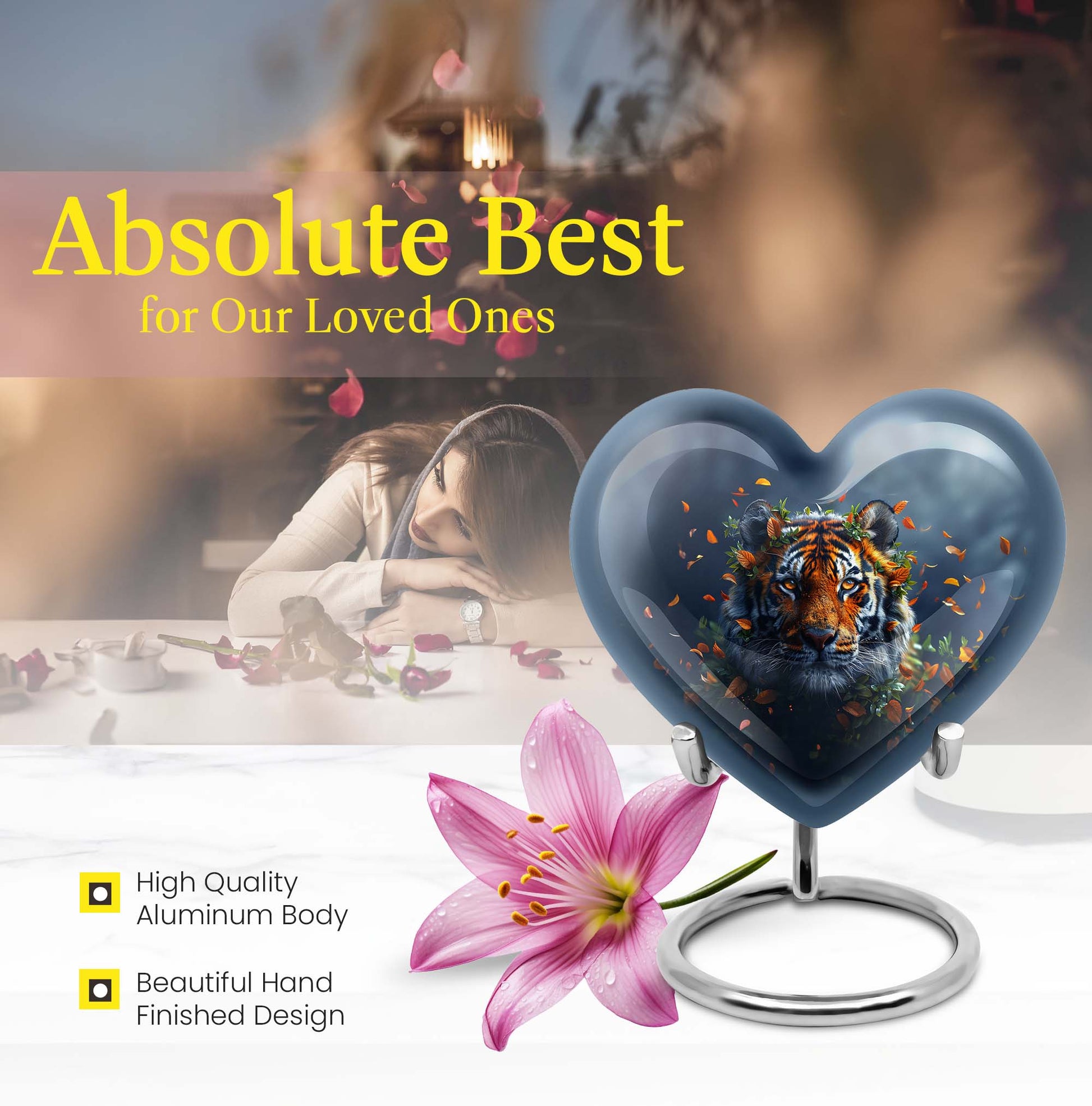 Tiger themed heart-shaped memorial urn for ashes, aluminium, with floral designs and personalizable engraving