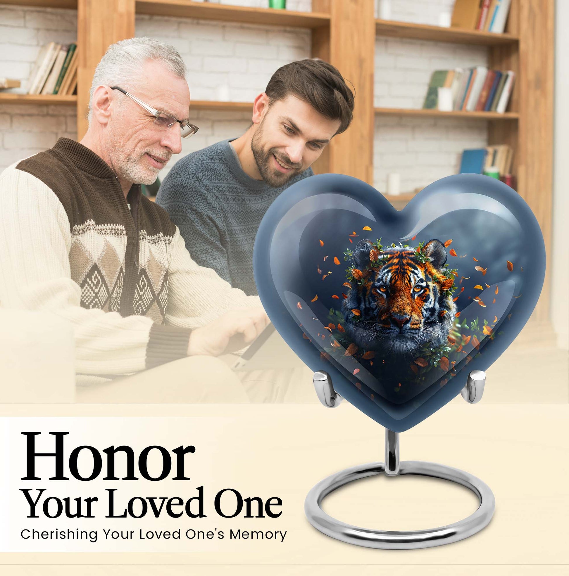 Tiger themed heart-shaped memorial urn for ashes, aluminium, with floral designs and personalizable engraving