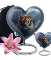 Tiger themed heart-shaped memorial urn for ashes, aluminium, with floral designs and personalizable engraving