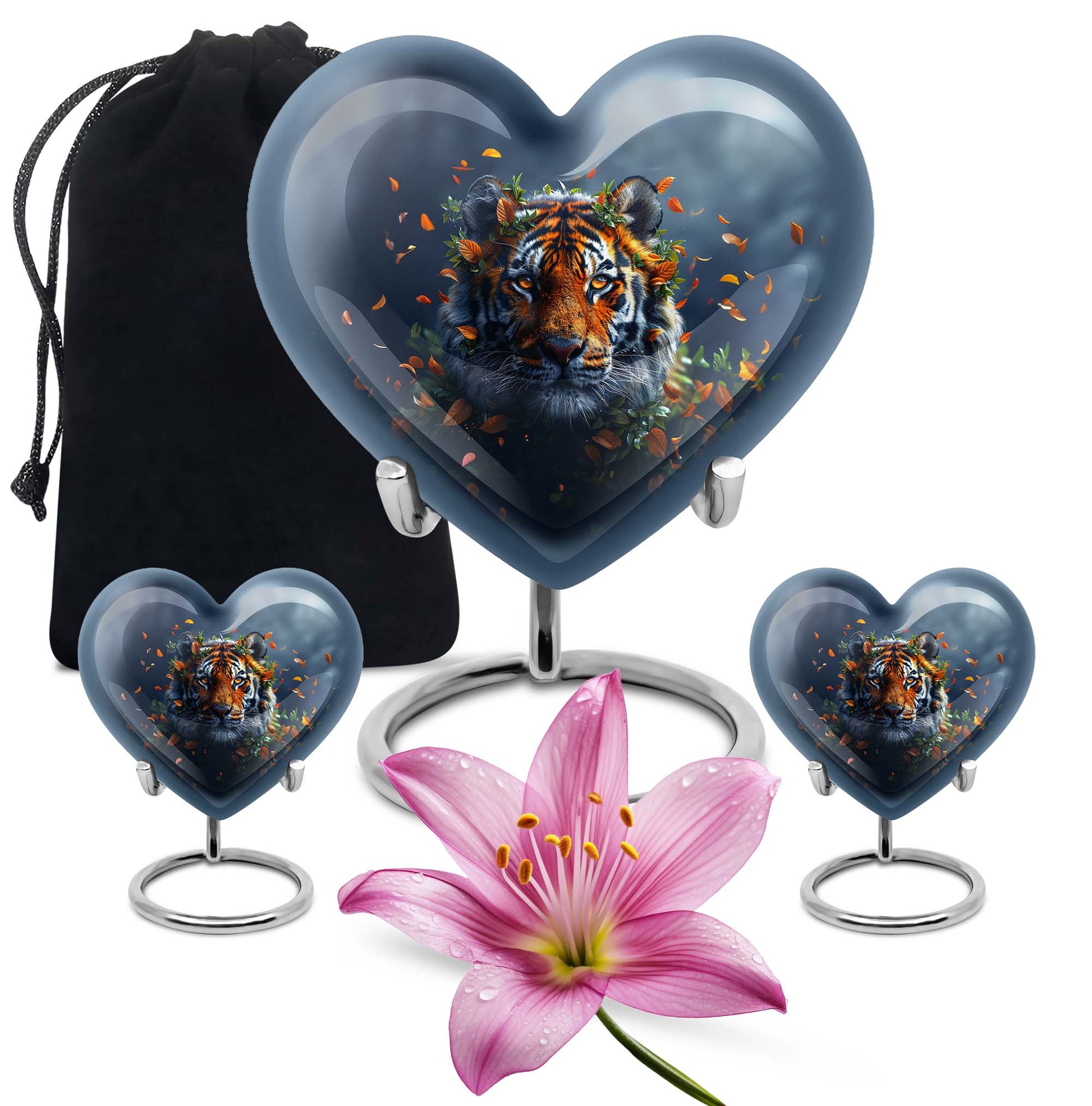 Tiger themed heart-shaped memorial urn for ashes, aluminium, with floral designs and personalizable engraving